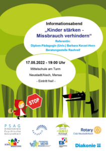 Informationsplakat zu einem Vortrag zum Thema Kinderschutz am 17.5.2022 in Neustadt Aisch