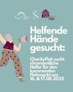 gezeichnete Frauenfigur mit Megafon. Dazu der Text: Helfende Hände gesucht.