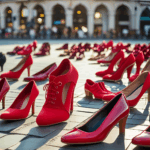 unterschiedliche rote Damenschuhe, die auf einem öffentlichen Platz stehen.