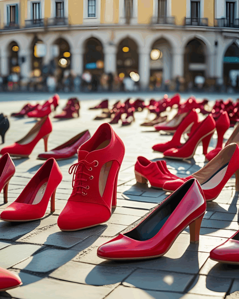 unterschiedliche rote Damenschuhe, die auf einem öffentlichen Platz stehen.